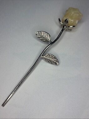 Silver-Tone Rose Stem yellow calcite Carved Rose
